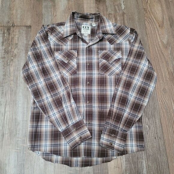 Ely Cattleman Shirt youth Boys Size Medium Pearl Snap Brown Plaid Western - Picture 1 of 5
